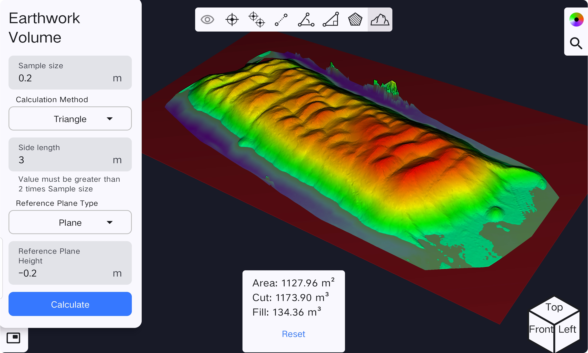 SLAM Instant earthwork volume screen showing a coloured surface and cut-and-fill results